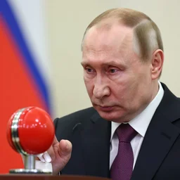 Vladimir Putin pressing the big red button, photorealistic