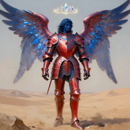 rococo style painting of full plate armor of crimson metal with azure blue lining and ruby studded worn by dark blue fair skinned angel with glowing wings, magic, enchanted, intricate, crystal, background desert, dusty, soft light, 8 k, artstation trending, masterwork