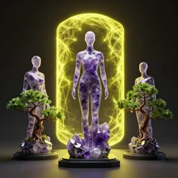 beautiful 3 d render of a mannequin sculpted out of amethyst, bonsai plants, portal opening to a paracosm of neon yellow fractal light, clean line - work, dramatic, finely detailed, rule of thirds, moody, confident, award - winning, 4 k, trending on artstation, photorealistic, volumetric lighting, octane render
