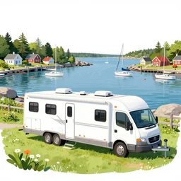 long!! towable long white rv!!! on the grass by the harbor in maine, rocky coast, sailboats in the water, tiny village, white background, cute digital watercolor art, 4 colors!!! trending on artstation