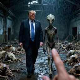 low shot of donald trump and an alien walking in an abandoned warehouse filled with dead animal cercus from an unknown planet. the alien looks sick : : closeup on donald's finger : : sharp lights on at night : : movie still from aliens : : heavy acid rain