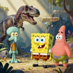 concept art painting of spongebob and patrick and squidward in jurassic park, by james gurney and greg rutkowski