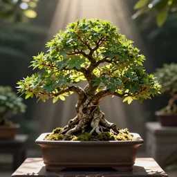 magical bonsai in a pot, herbology, hd photography, coherent, render, blender, radiant light