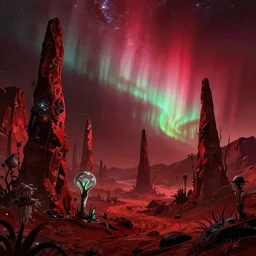 exotic landscape, slim and high rocks pointing to the sky, sparse plants, weird, creepy, quiet, red color scheme, andromeda krogan nebula aurora wallpaper 3 d pixar disney digital cgi rtx hdr painting bioluminance alena aenami artworks in 4 kby loish beeple, by thomas kinkade