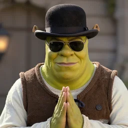 shrek bryan cranston as walter white, goatee, wearing bowler hat and sunglasses