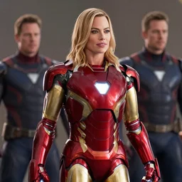 movie still of margot robbie playing as iron man in the movie avengers, directed by russo brothers, marvel cinematic universe