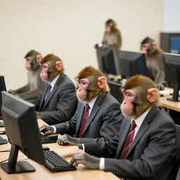 5 monkeys in suits using computers