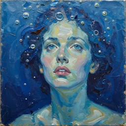 oil paint impasto relief, portrait of woman's face, deep under water, lots blue colours, looking up, air bubbles, multi layered thick brush marks, some splattered paint, in the style frank auerbach and chagall - n 8