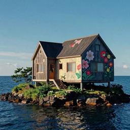 surreal glimpse into other universe, a house by kengo kuma on an island, summer morning, very coherent and colorful high contrast, art by!!!! gediminas pranckevicius!!!!, geof darrow, floralpunk screen printing woodblock, dark shadows, hard lighting, stipple brush technique,