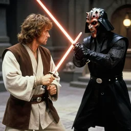 a still of Alec guiness as obiwan kenobi dueling darth maul in star wars 1977.