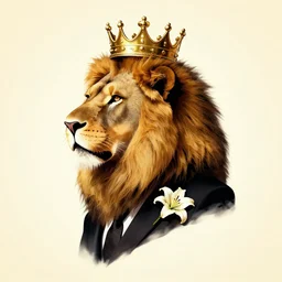 a semi - profile picture of a lion with a crown on its head and a suit, a lilly on the lapel, an album cover by christian hilfgott brand, deviantart, excessivism, artwork, official art, logo