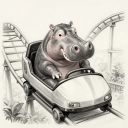 a portrait of a hippo riding a roller coaster, pencil sketch