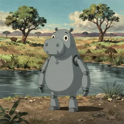 a study of a cell shaded cartoon of a grey robot hippo from howl's moving castle ( 2 0 0 4 ), in an african river, full body, wide shot, very muted colors, post grunge, studio ghibli, highly detailed, deviantart, art by artgem