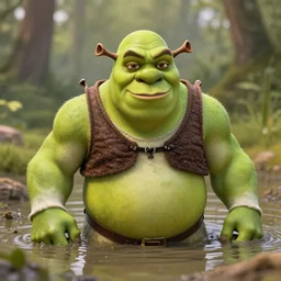 a photo of ultra - realistic muscular shrek taking a bath in a dirty swamp, bokeh 5 0 mm, global illumination, depth of field, 4 k, iphone professional photo