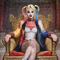 Cleopatra as Harley Quinn sitting on a Joseon Dynasty style throne, realistic photo, detailed.