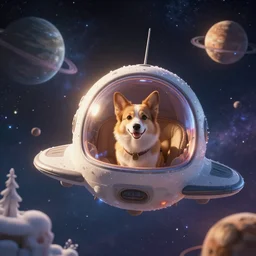 dog inside a mini spaceship, flying through outer space and exploring new planets, cosmic winter wonderland, galaxies, highly detailed, digital art, fantasy, volumetric lighting, warm, cinematic