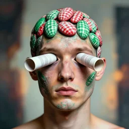 a self portrait photograph of the artist kelbv, in distinct hyper detailed style with tubes coming from eyes, and hollowed head filled with red and green gingham ellipsoids, perfect studio lighting against a backdrop of a still from the movie yesterdays asthma.