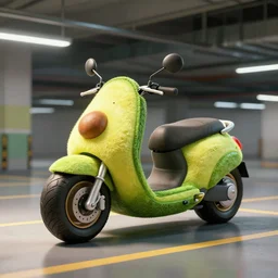 a motorbike in the shape an avocado!, vehicle product photo!!, 8k!!,amazing quality!!! Unreal engine 5!!! Studio lighting!!! Cinema 4D!! Parking garage lighting! Real life picture!! Creativity!!!!