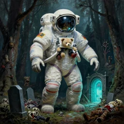giant oversized astronaut with teddy bear in dark scary forest , ful of dead corpses, cyan portal gate next to big graveyard,  extremely textured frazetta oil painting 8k intricate dramatic cinematic mood backlight