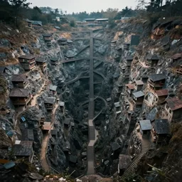 very a deep mining pit, houses are carved into the sidewalls, long winding stairs going down, 8 k, shallow depth of field, moody lighting, ultra high detail, concept art,