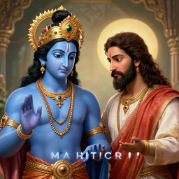 Krishna and Jesus, digital art, artstation, award winning, realism, very detailed, masterpiece