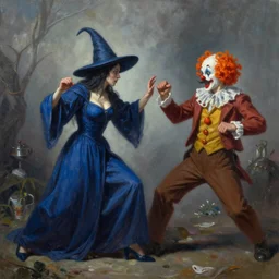 oil matte painting, witch in blue robes and hat fighting a man with a mustache and clown wig. digital painting, fantasy, concept art, cinematic colors, realistic shaded. by ilya kuvshinov, magali villeneuve, artgerm, greg rutkowski