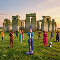 many colorful praying people standing in stonehenge made of stonestatues of vaccuum cleaners, beeple style, sunset, insanely integrate, 3 d render, 8 k