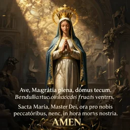 Ave, Maria, grátia plena, Dóminus tecum. Benedícta tu in muliéribus, et benedíctus fructus ventris tui, Iesus. Sancta María, Mater Dei, ora pro nobis peccatóribus, nunc et in hora mortis nostrae. Amen