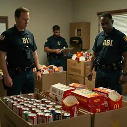 film still of fbi agents searching boxes filled with coke cans and mcdonalds boxes in the new political thriller movie, 8 k