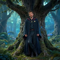 ryan reynolds wearing wizard robes leans against a magical tree romance novel fantasy artwork epic detailed and intricate magical photo trending on artstation by wlop octane render