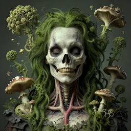 a beautiful detailed front view rococo portrait of a rotten woman corpse becoming almost a skull with face muscles, veins, artery, fractal plants and fractal flowers and mushrooms growing around, intricate, ornate, volumetric light, beautiful lit, beetlejuice