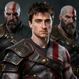 a highly detailed beautiful portrait of daniel radcliffe as kratos, by gregory manchess, james gurney, james jean