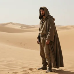 a man wearing a long cloak and hood, in the desert, panavision panaflex