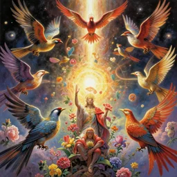 an epic fantastic realism comic book style painting depicting the summoning rituals of glorious birds, the most beautiful flowers launched into space, 8 k, ultra realistic, lens flare, atmosphere, glow, detailed, intricate, full of colour, cinematic lighting, trending on artstation, 4 k, hyperrealistic, focused, extreme details, unreal engine 5, cinematic, masterpiece