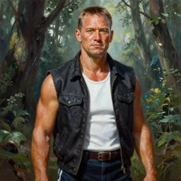 ultra realistic painting of forest gump as ryu from street fighter, art by frank frazetta, 4 k, ultra realistic, highly detailed, epic lighting
