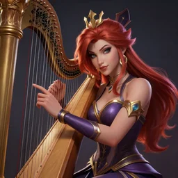 sona, from league of legends, with an harp, hyper detailed, digital art, trending in artstation, cinematic lighting, studio quality, smooth render, unreal engine 5 rendered, octane rendered, art style by klimt and nixeu and ian sprigger and wlop and krenz cushart