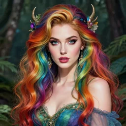 the portrait of chaotic good female rainbow colorful druid botanist as absurdly beautiful, gorgeous, elegant, gravure idol, an ultrafine hyperdetailed illustration by irakli nadar, james jean, intricate linework, sharp focus, bright colors, octopath traveler, final fantasy, unreal engine 5 highly rendered, global illumination, radiant light, detailed and intricate environment