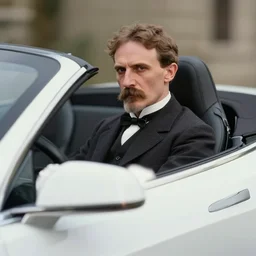 close - up picture of nikola tesla driving a convertible tesla car, photorealistic, ultra realistic, highly detailed, sharp focus, in the style of caravaggio!