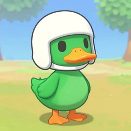 a art of a green duck from animal crossing wearing a white helmet