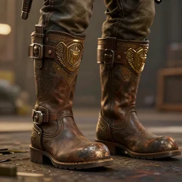 a mechanic boots in the borderlands 3 style, close - up, cinematic shot, intricate, ornate, photorealistic, ultra detailed, realistic, 1 0 0 mm, photography, octane, high definition, depth of field, bokeh, 8 k, behance, artstation