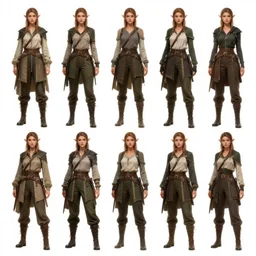 character outfit concept of fantasy female elf ranger, by Josh Durham and artgerm, multiple views, highly detailed, artstation