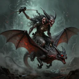 demon with two head riding on bat with three head and snake tail rampaging, tumblr, digital art, concept art, ultra detail, fantasy, dungeons and dragons, horror, painted, terror, leesha hannigan, wayne haag, reyna rochin, ignacio fernandez rios, mark ryden, iris van herpen, best on artstation, best on cgsociety,