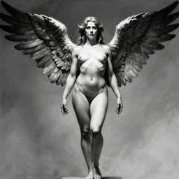 frank frazetta female figure with wings, full figure, black and white, hyper realism, centered in portrait, 8 k, realistic, photo real, smooth, sharp, intricate detail, hyper detail, dramatic lighting, dramatic shading