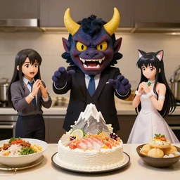 4 5 mm 1 9 9 7 cooking food photography of an corporate mascot aata mountain summoning an anime demon wedding cake aspic catgirl, photography by tyler mitchell johfra bosschart