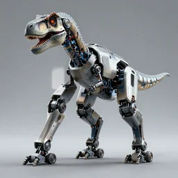 Humanoid robot with t-rex legs and a t-rex head, photorealistic, 4K