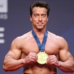 Photo of Arnold Schwarzenegger getting a medal at his first bodybuilding competition