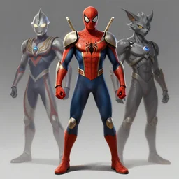 full body concept art portrait of the armored spiderman ultraman gray fox from metal gear cyborg ninja gay japanese - american human hybrid as an overwatch video game character by greg tocchini, by james gilleard high quality, cartoon, digital painting, by don bluth and ross tran
