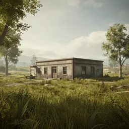 A serene landscape with a singular building in the style of Call of duty.