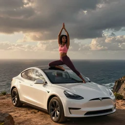 photo of a gorgeous black model yoga on a Tesla on a cliff on the ocean By Emmanuel Lubezki