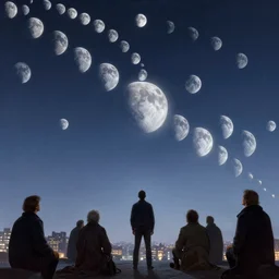 the sky is crowded with many multiple moons. a thousand moons in the sky. man looking at the moons in the city sky. fantasy art by wayne barlowe, noah bradley, patrick woodroffe, dariusz zawadzki. extremely high details, realistic, masterpiece, artstation contest winner